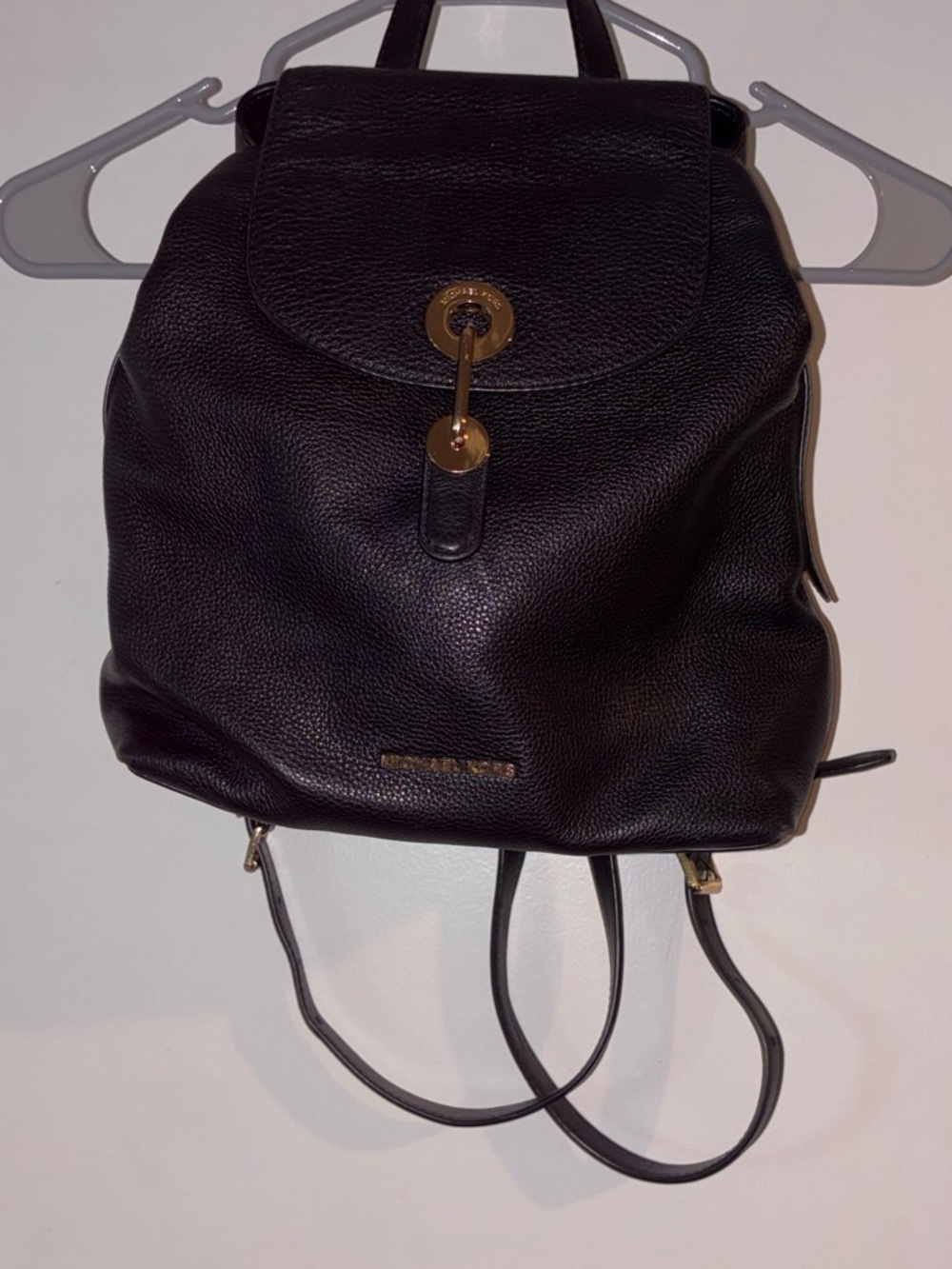Michael Kors Black Pebbled Leather Drawstring Backpack with Gold Hardware